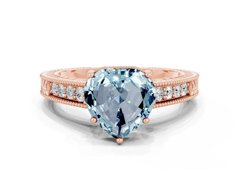 Rose gold Heart Cut Aquamarine Ring with Milgrain Pavé Band and Four-Prong Setting_12