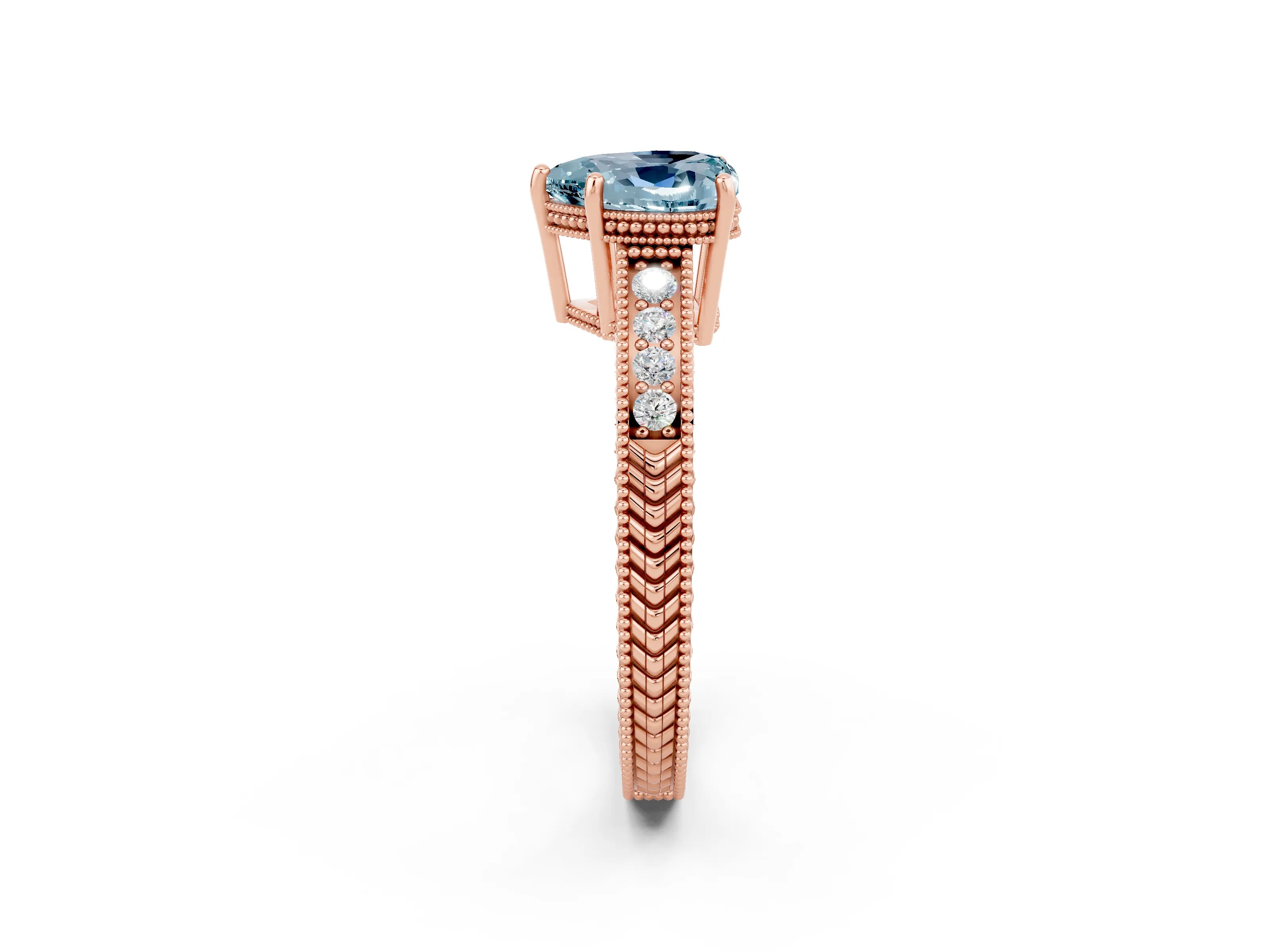Rose gold Heart Cut Aquamarine Ring with Milgrain Pavé Band and Four-Prong Setting_14