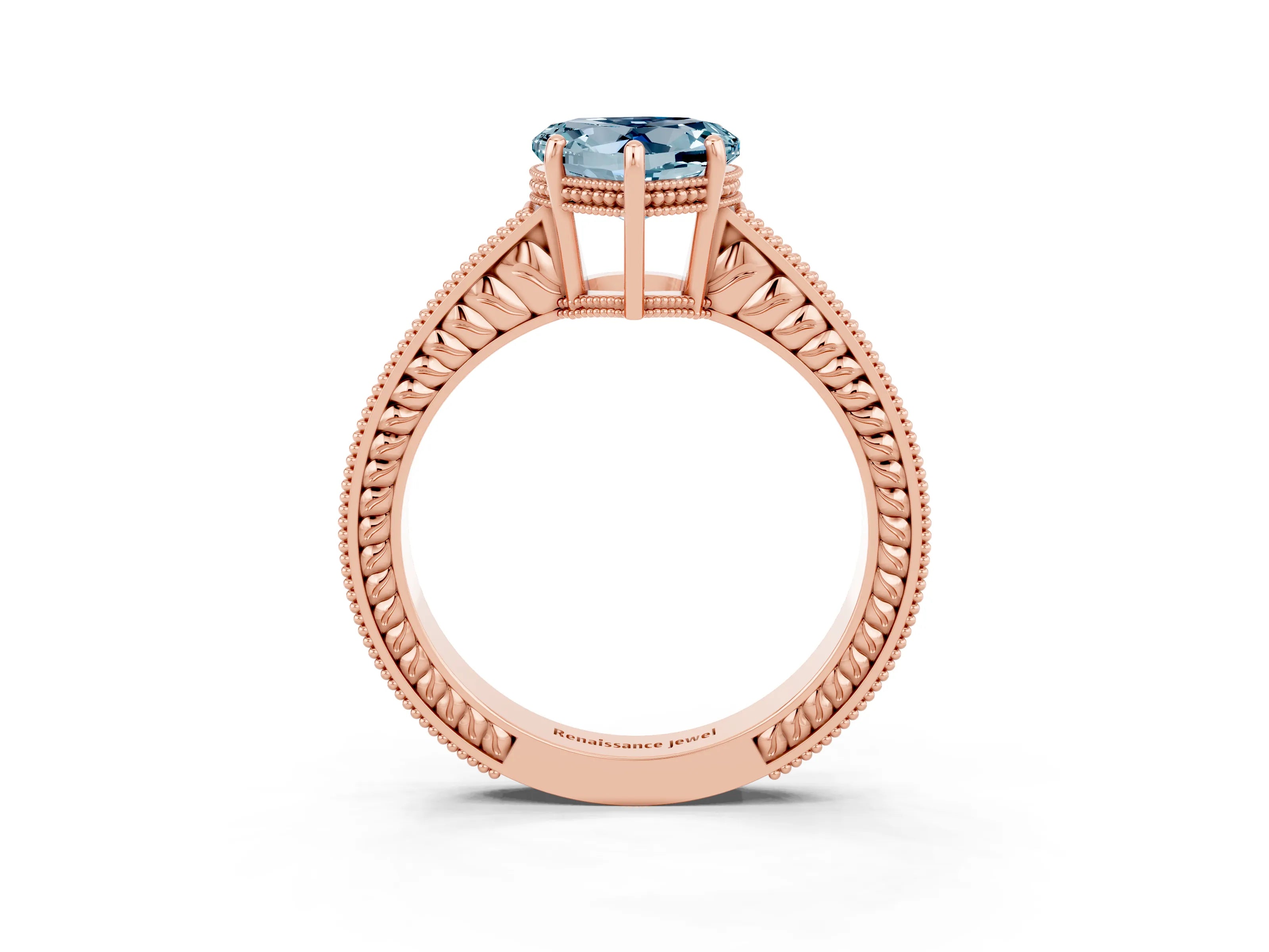 Rose gold Heart Cut Aquamarine Ring with Milgrain Pavé Band and Four-Prong Setting_15