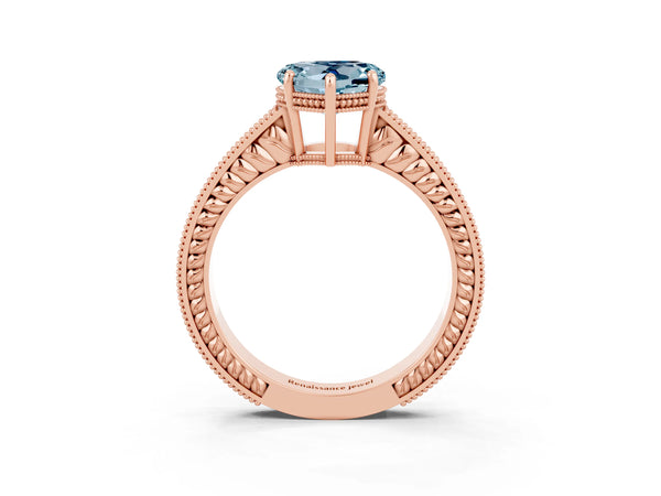 Rose gold Heart Cut Aquamarine Ring with Milgrain Pavé Band and Four-Prong Setting