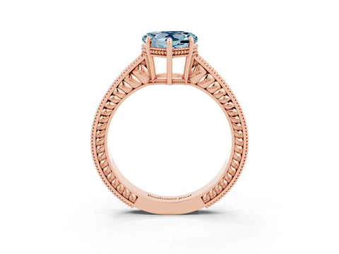 Rose gold Heart Cut Aquamarine Ring with Milgrain Pavé Band and Four-Prong Setting_15