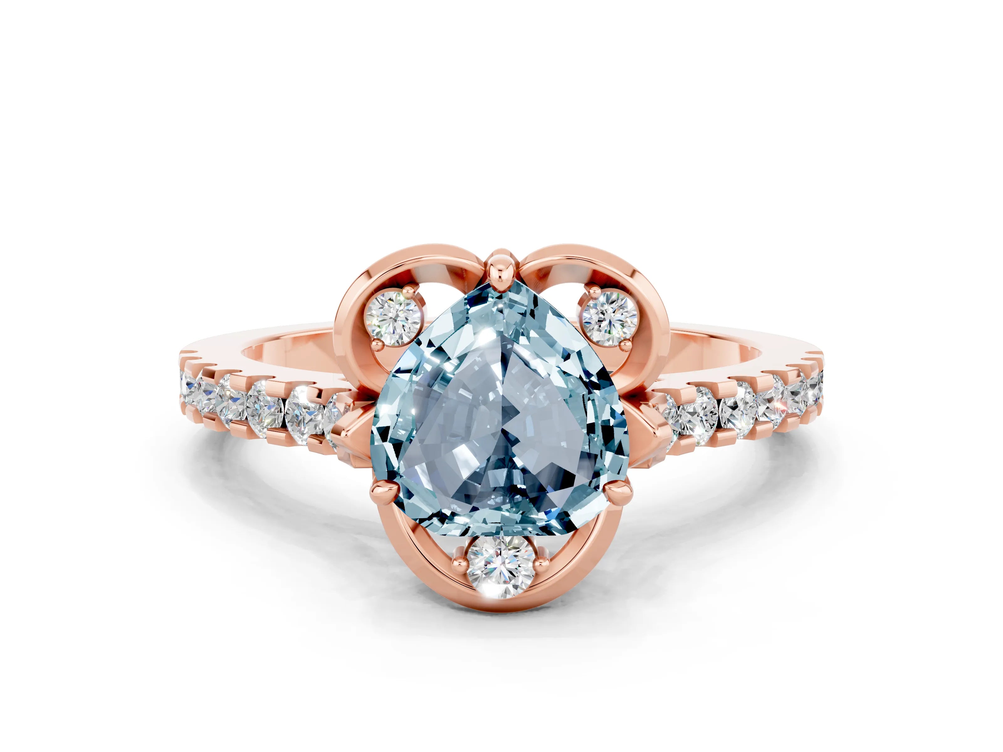 Rose gold Heart Cut Aquamarine Ring with Pavé Band and Floral Prong Setting