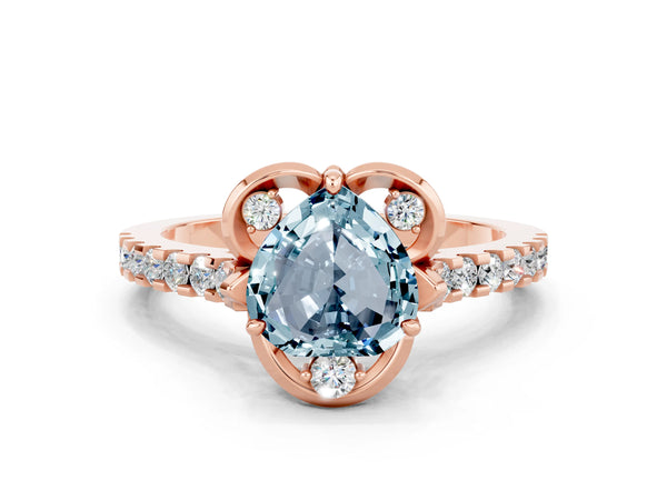 Rose gold Heart Cut Aquamarine Ring with Pavé Band and Floral Prong Setting