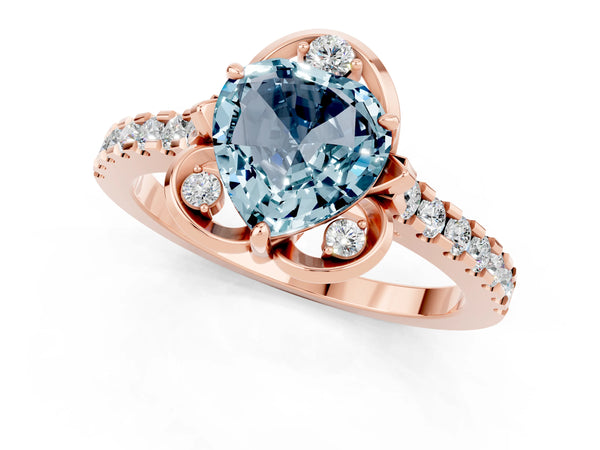 Rose gold Heart Cut Aquamarine Ring with Pavé Band and Floral Prong Setting