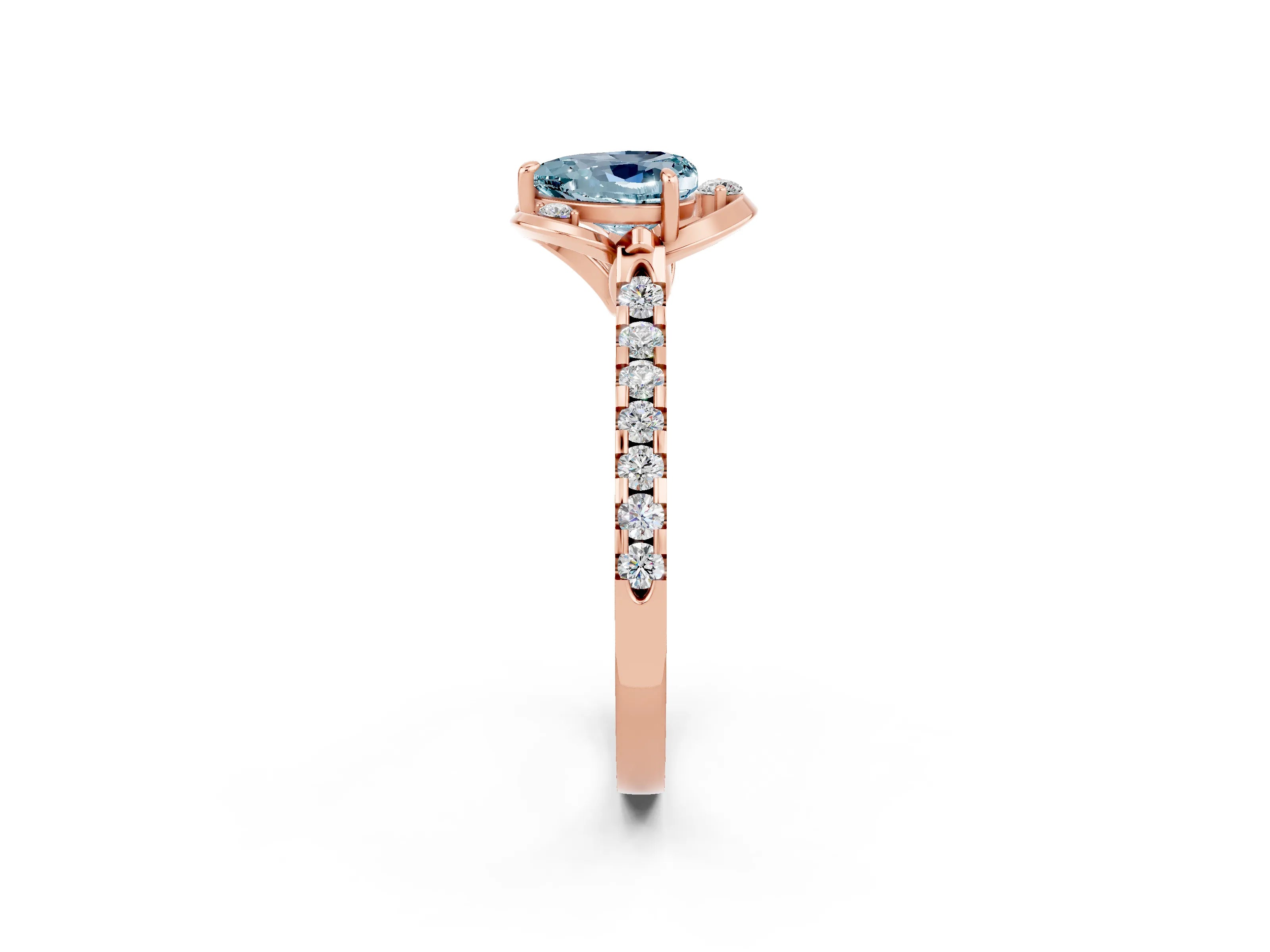 Rose gold Heart Cut Aquamarine Ring with Pavé Band and Floral Prong Setting_2
