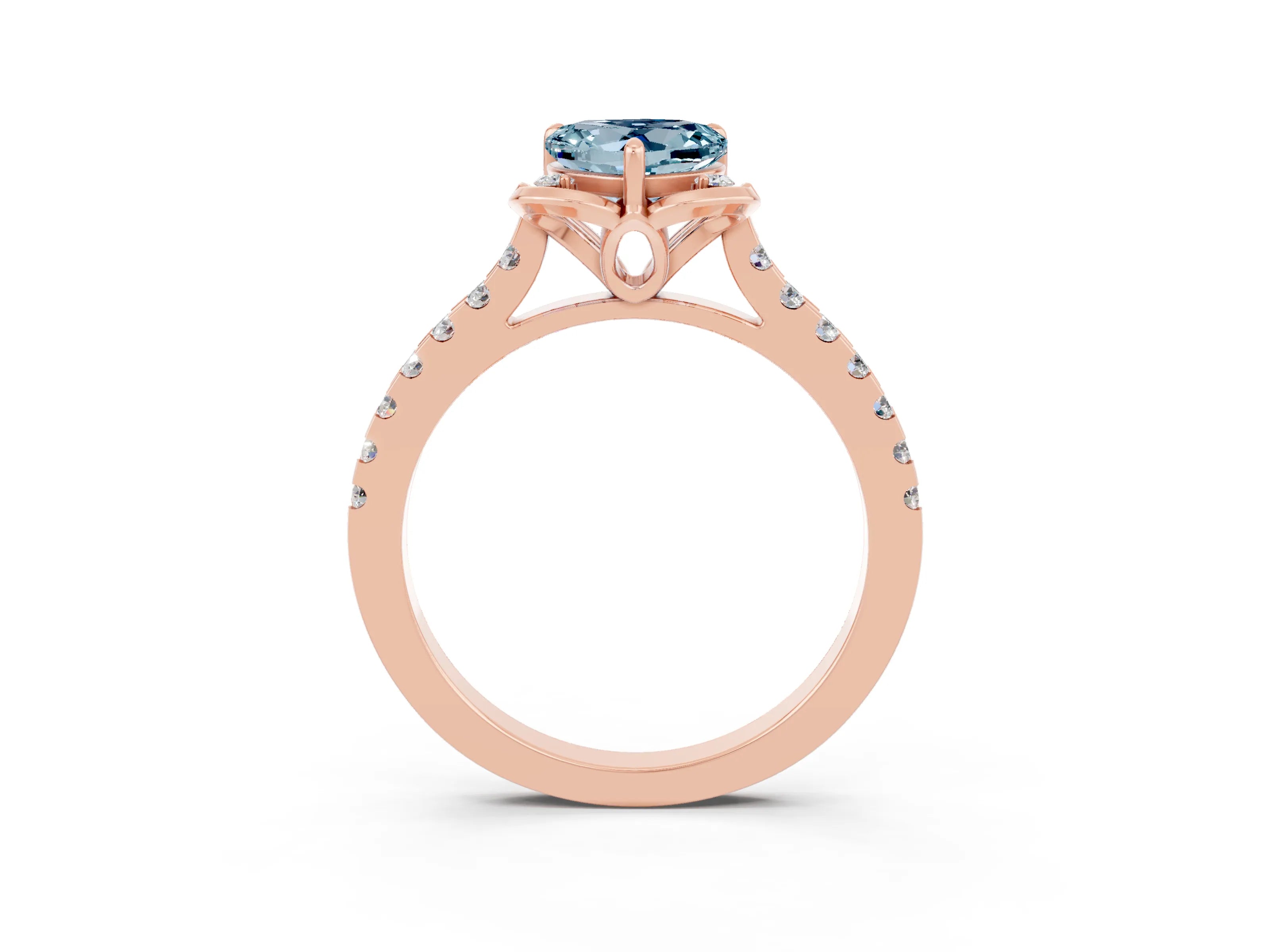 Rose gold Heart Cut Aquamarine Ring with Pavé Band and Floral Prong Setting_3