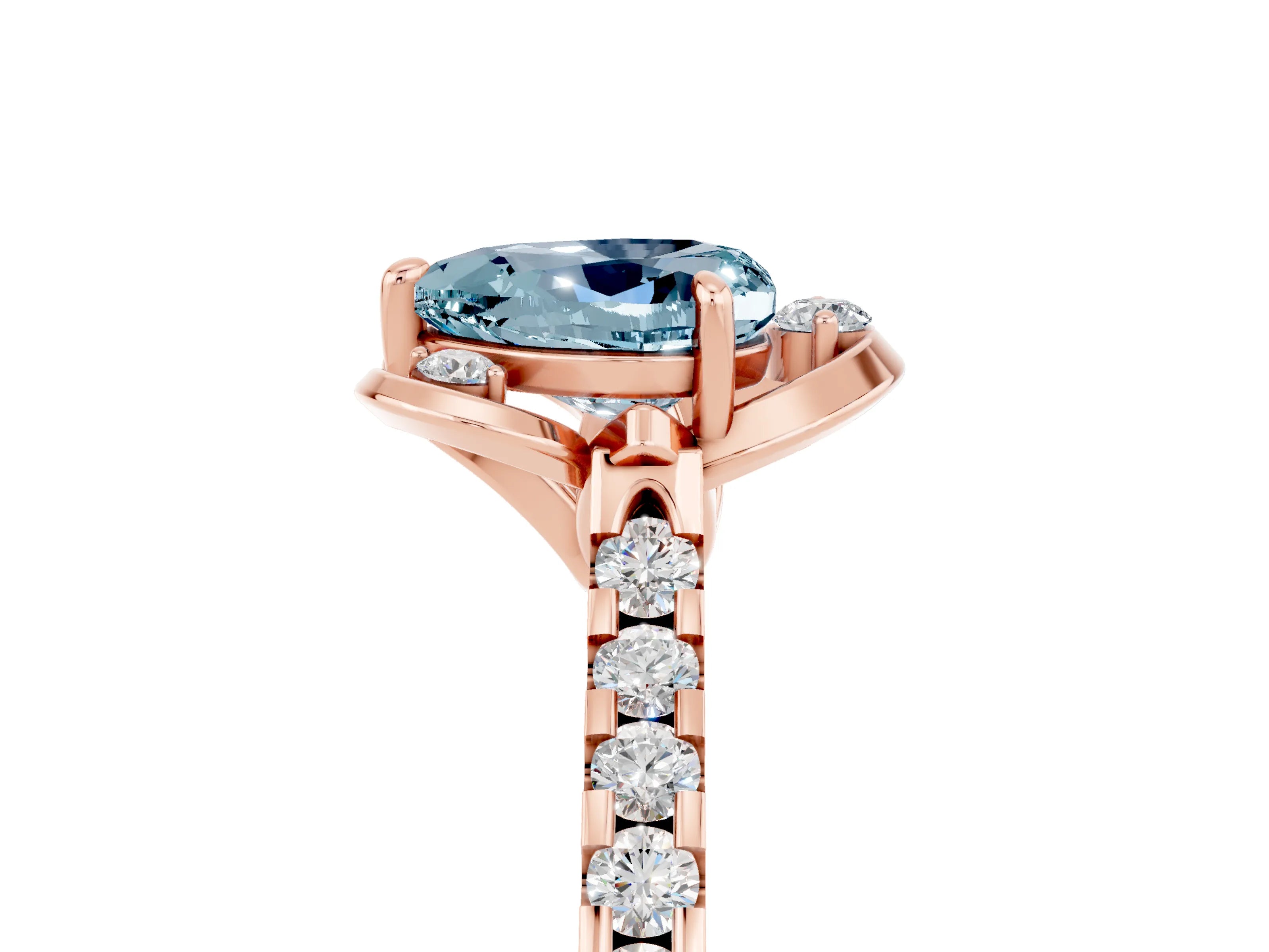 Rose gold Heart Cut Aquamarine Ring with Pavé Band and Floral Prong Setting_5