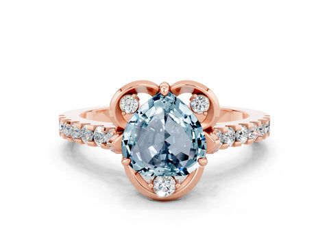 Rose gold Heart Cut Aquamarine Ring with Pavé Band and Floral Prong Setting