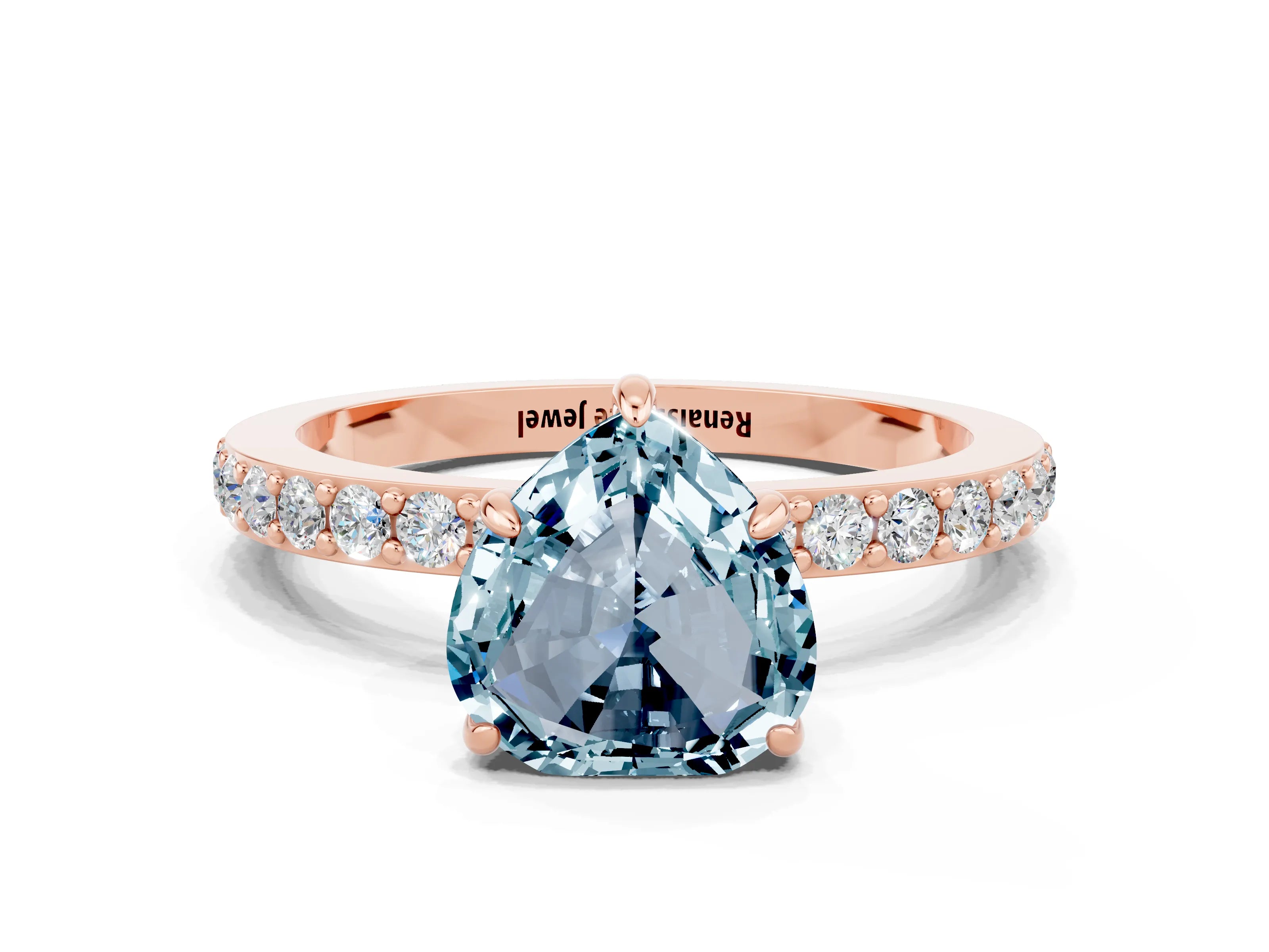 Rose gold Heart Cut Aquamarine Ring with Pavé Band and Four-Prong Setting
