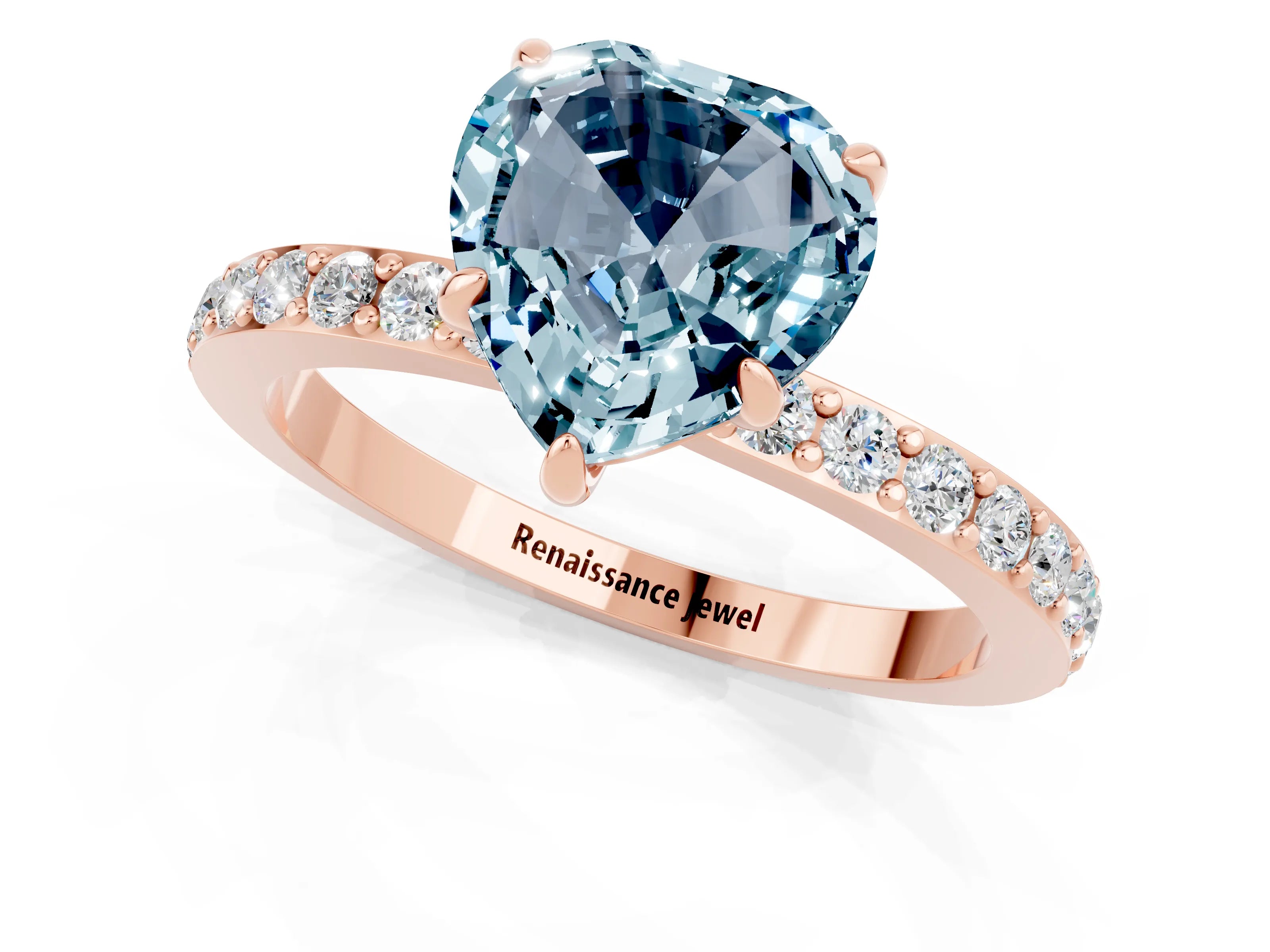 Rose gold Heart Cut Aquamarine Ring with Pavé Band and Four-Prong Setting_1