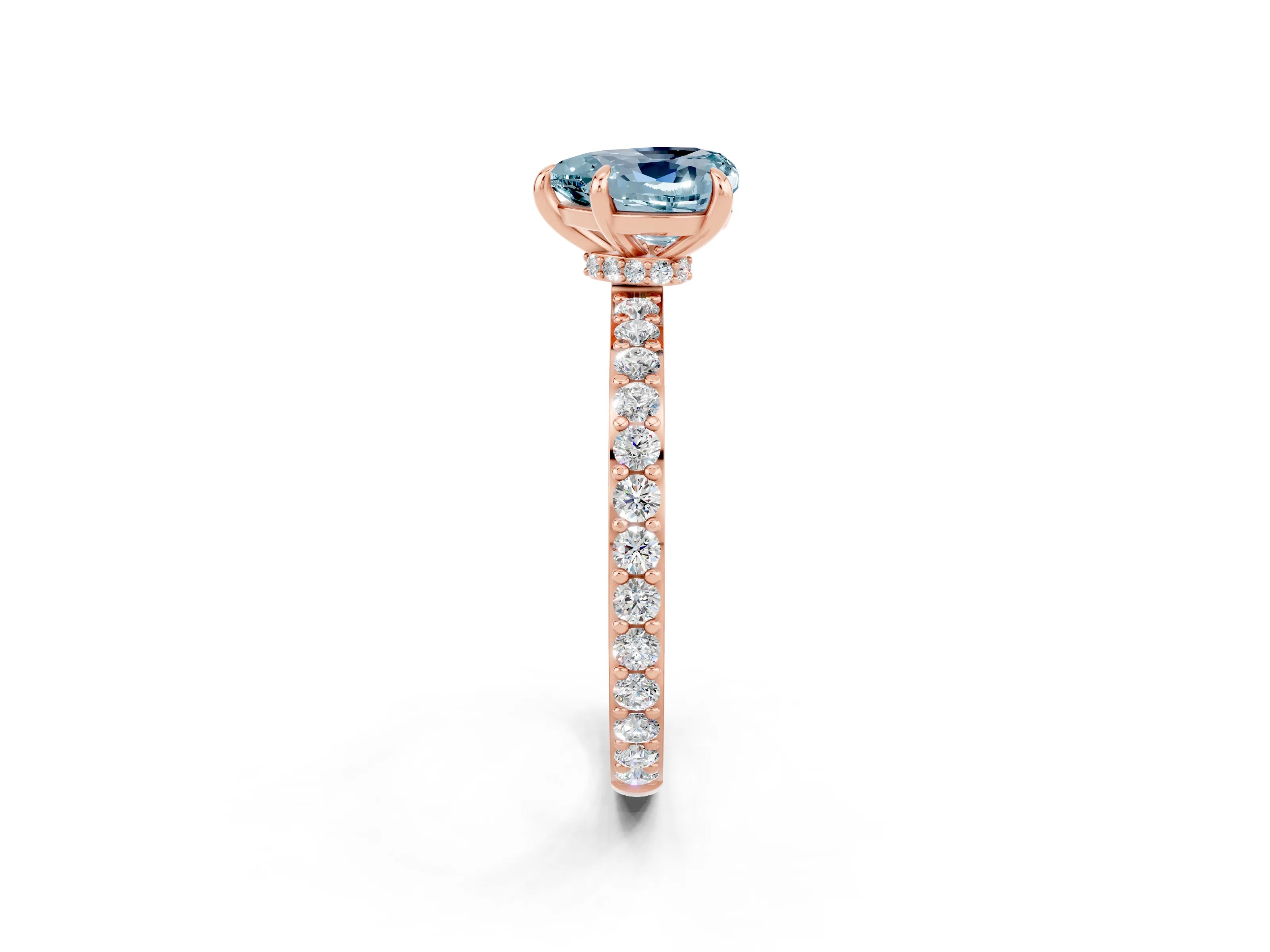 Rose gold Heart Cut Aquamarine Ring with Pavé Band and Four-Prong Setting_2