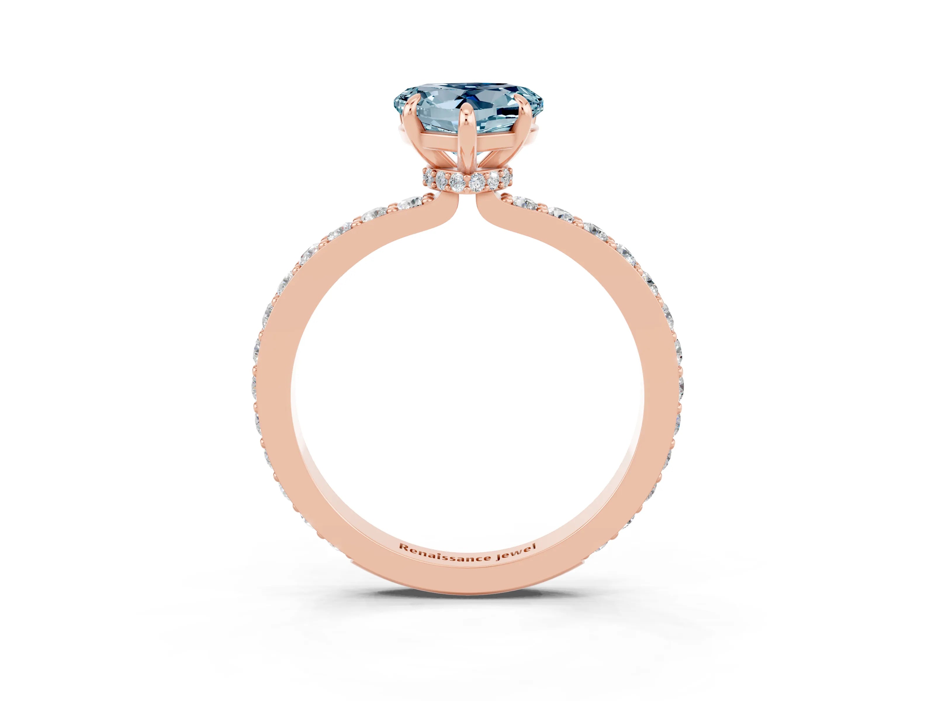 Rose gold Heart Cut Aquamarine Ring with Pavé Band and Four-Prong Setting_3