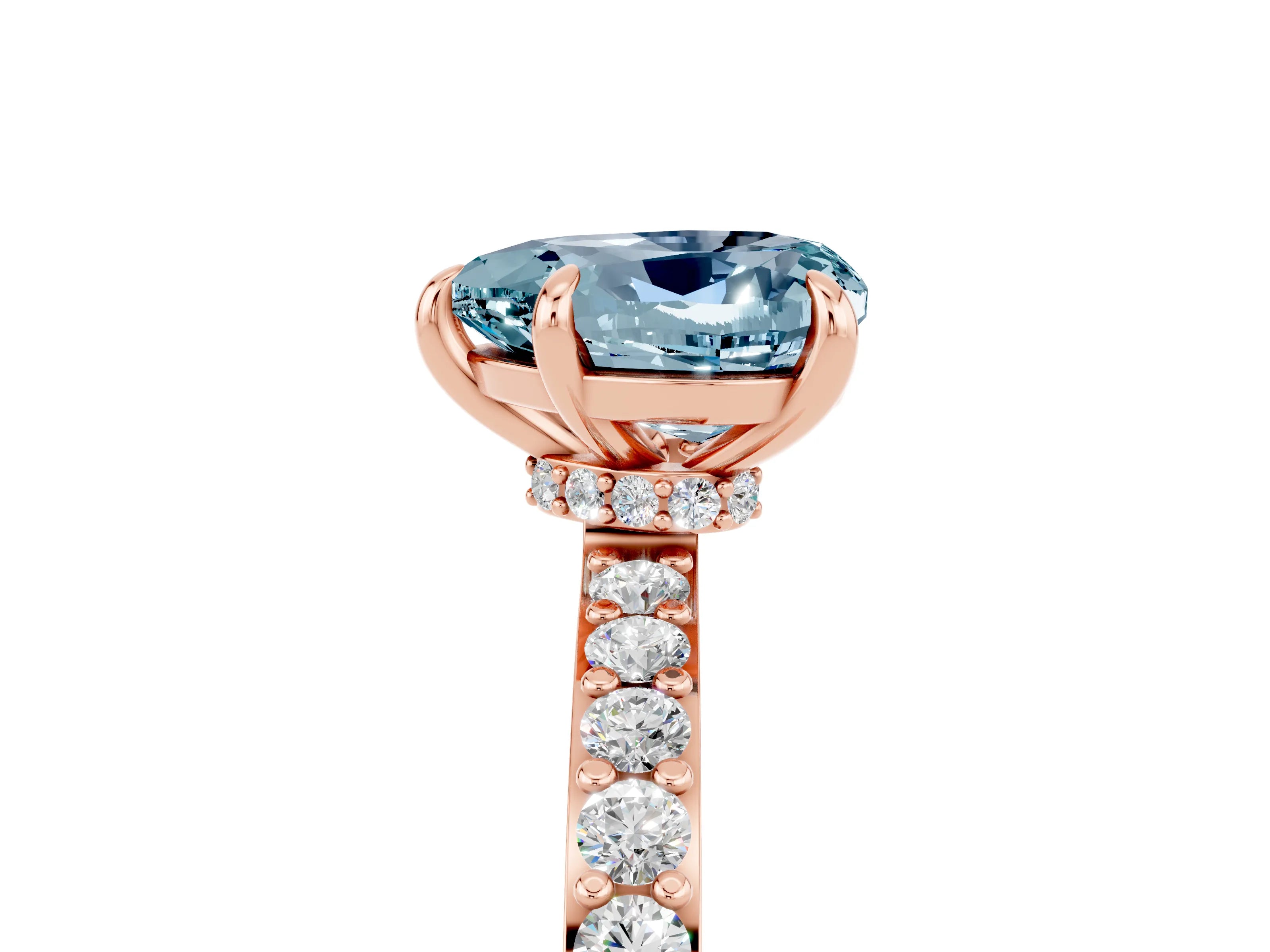 Rose gold Heart Cut Aquamarine Ring with Pavé Band and Four-Prong Setting_5