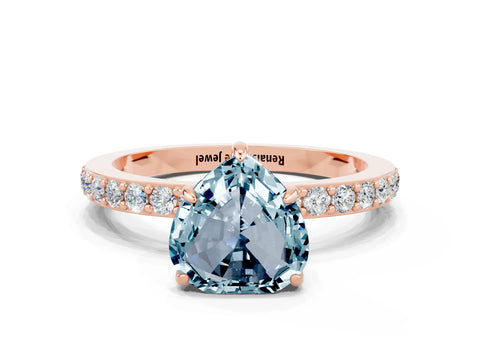 Rose gold Heart Cut Aquamarine Ring with Pavé Band and Four-Prong Setting