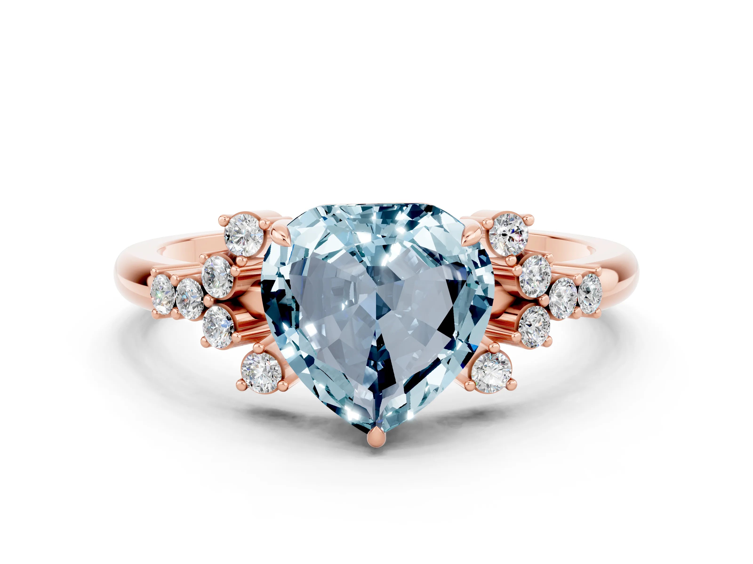 Rose gold Heart Cut Aquamarine Ring with Side Stones and Four-Prong Setting_36