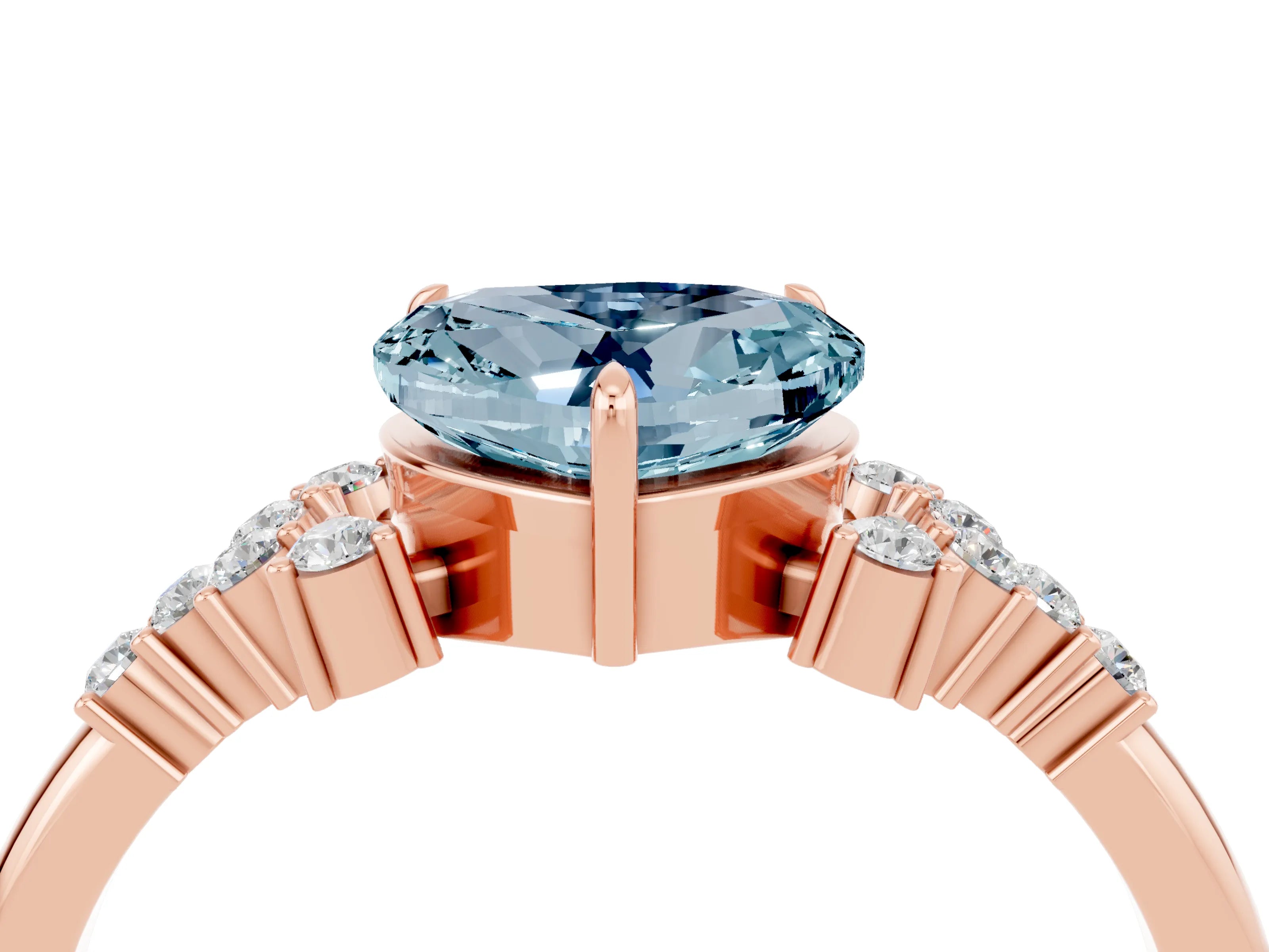 Rose gold Heart Cut Aquamarine Ring with Side Stones and Four-Prong Setting_40