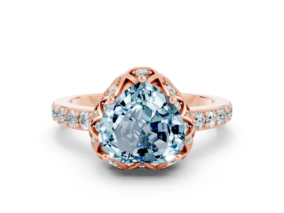 Rose gold Heart Cut Aquamarine Scalloped Halo Engagement Ring with Round Shared Prong Band_24