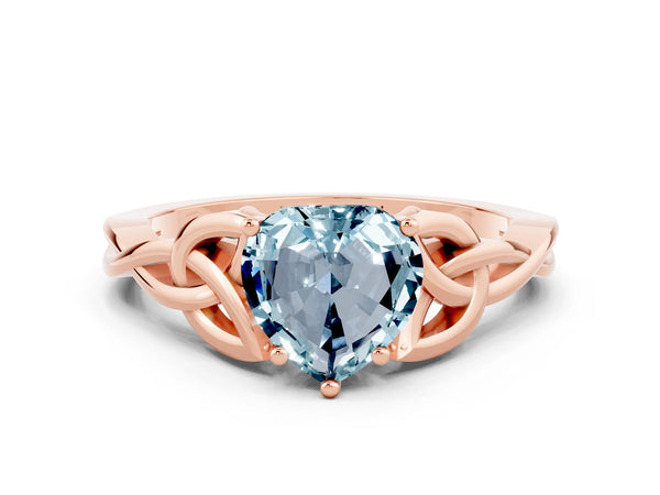 Rose gold Heart Cut Aquamarine Solitaire Celtic Knot Ring with Four-Prong Setting