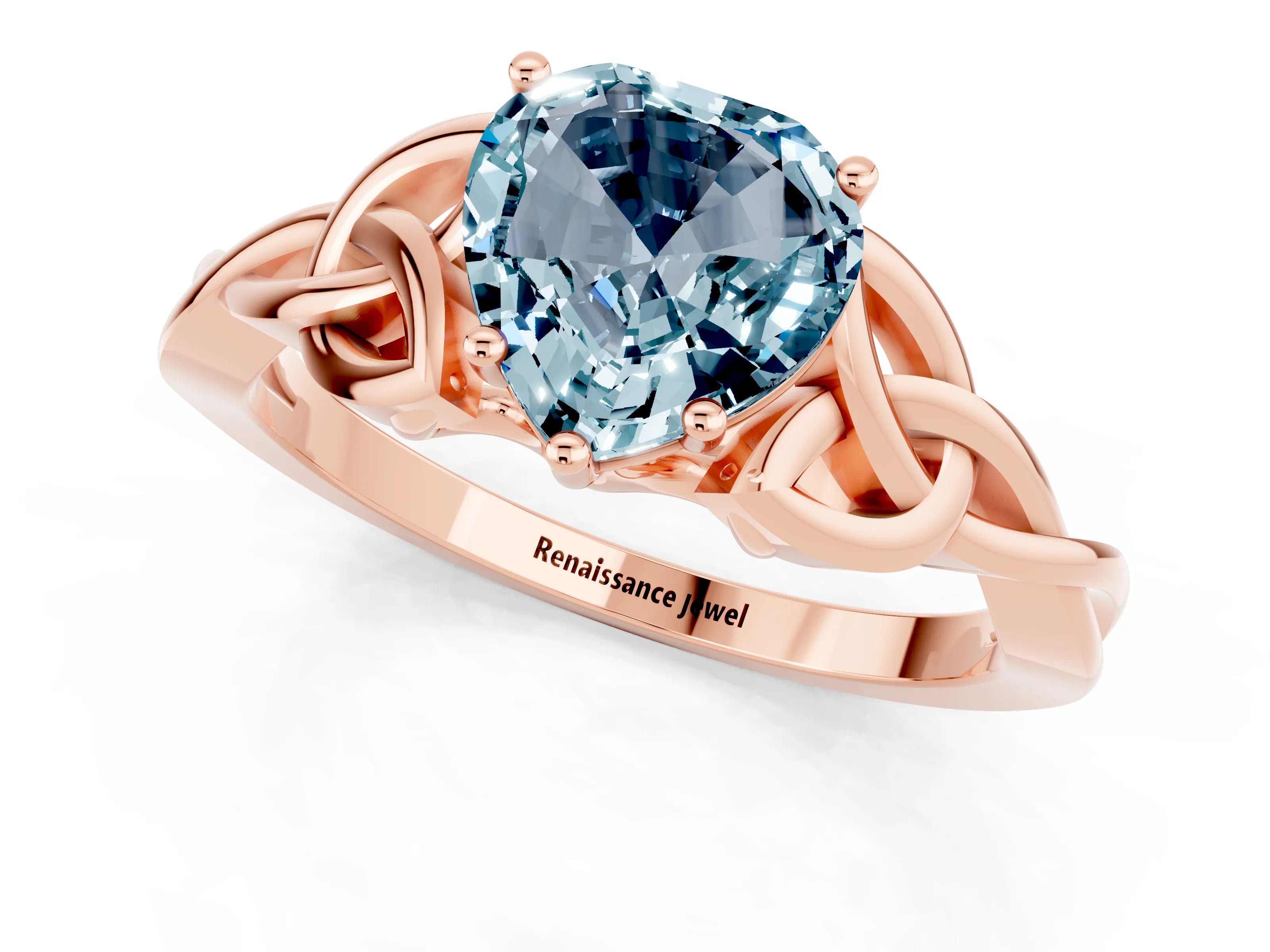 Rose gold Heart Cut Aquamarine Solitaire Celtic Knot Ring with Four-Prong Setting_13