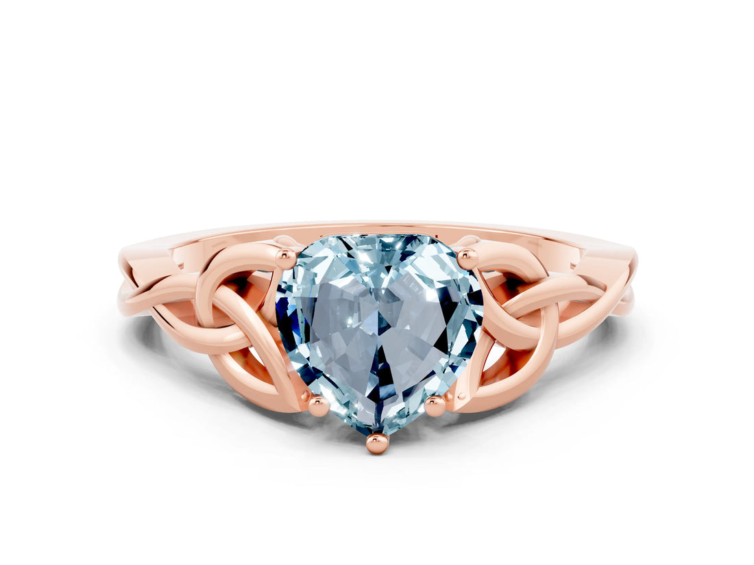 Rose gold Heart Cut Aquamarine Solitaire Engagement Ring with Celtic Knot Band and Four-Prong Setting