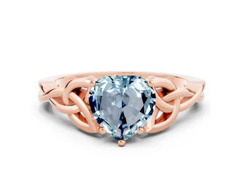 Rose gold Heart Cut Aquamarine Solitaire Engagement Ring with Celtic Knot Band and Four-Prong Setting