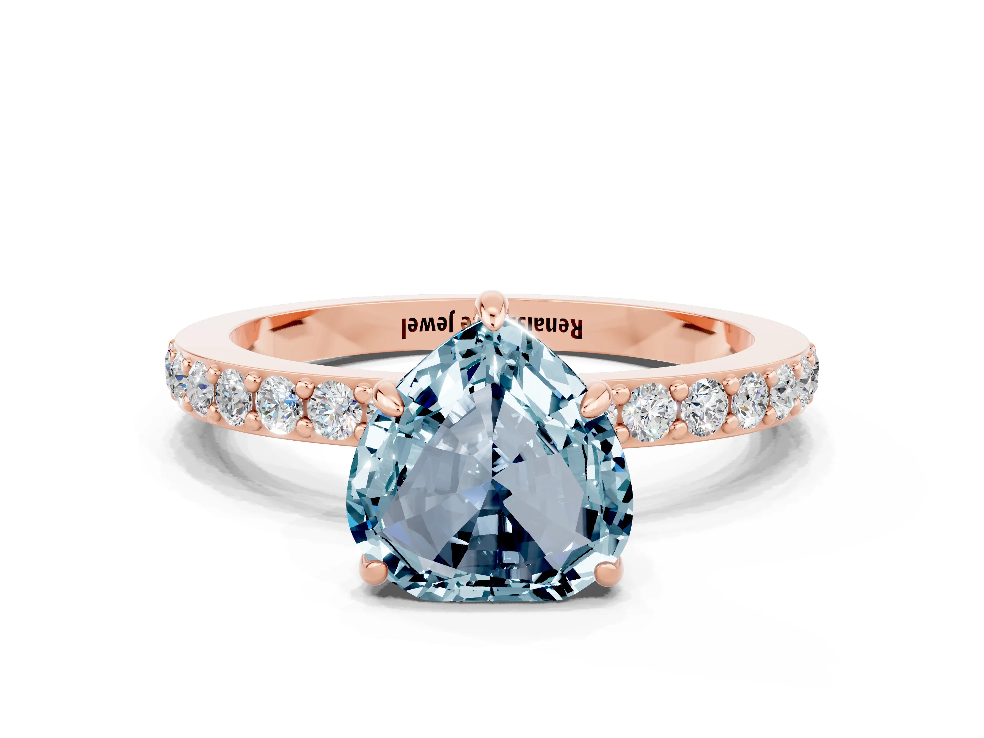 Rose gold Heart Cut Aquamarine Solitaire Engagement Ring with Pavé Band and Four-Prong Setting