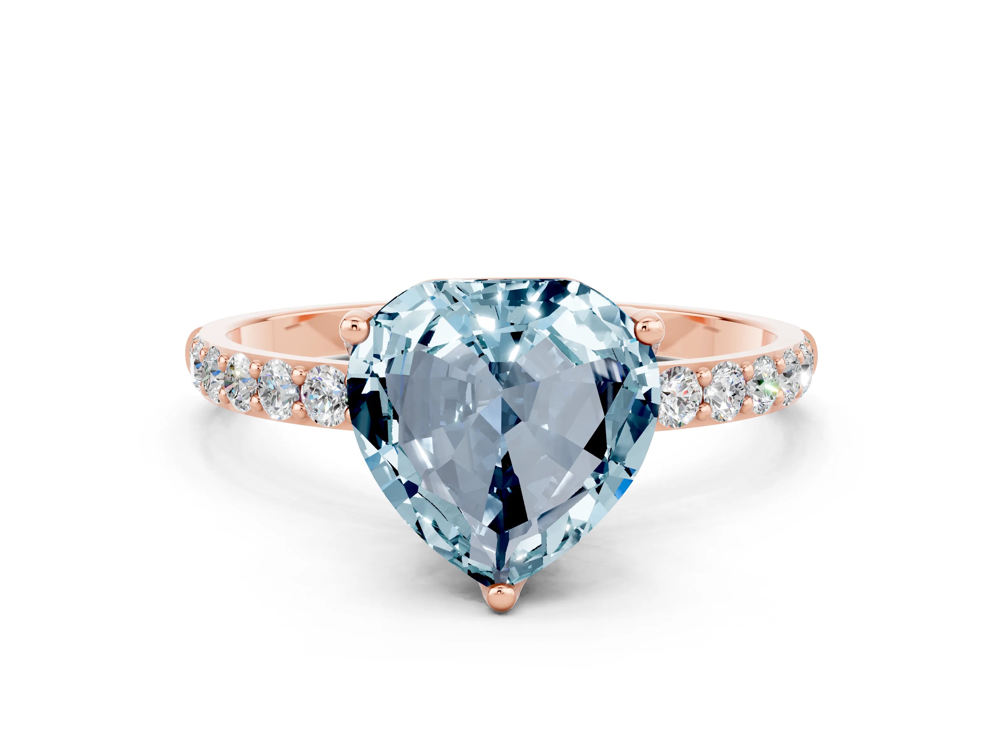 Rose gold Heart Cut Aquamarine Solitaire Engagement Ring with Pavé Band and Prong Setting