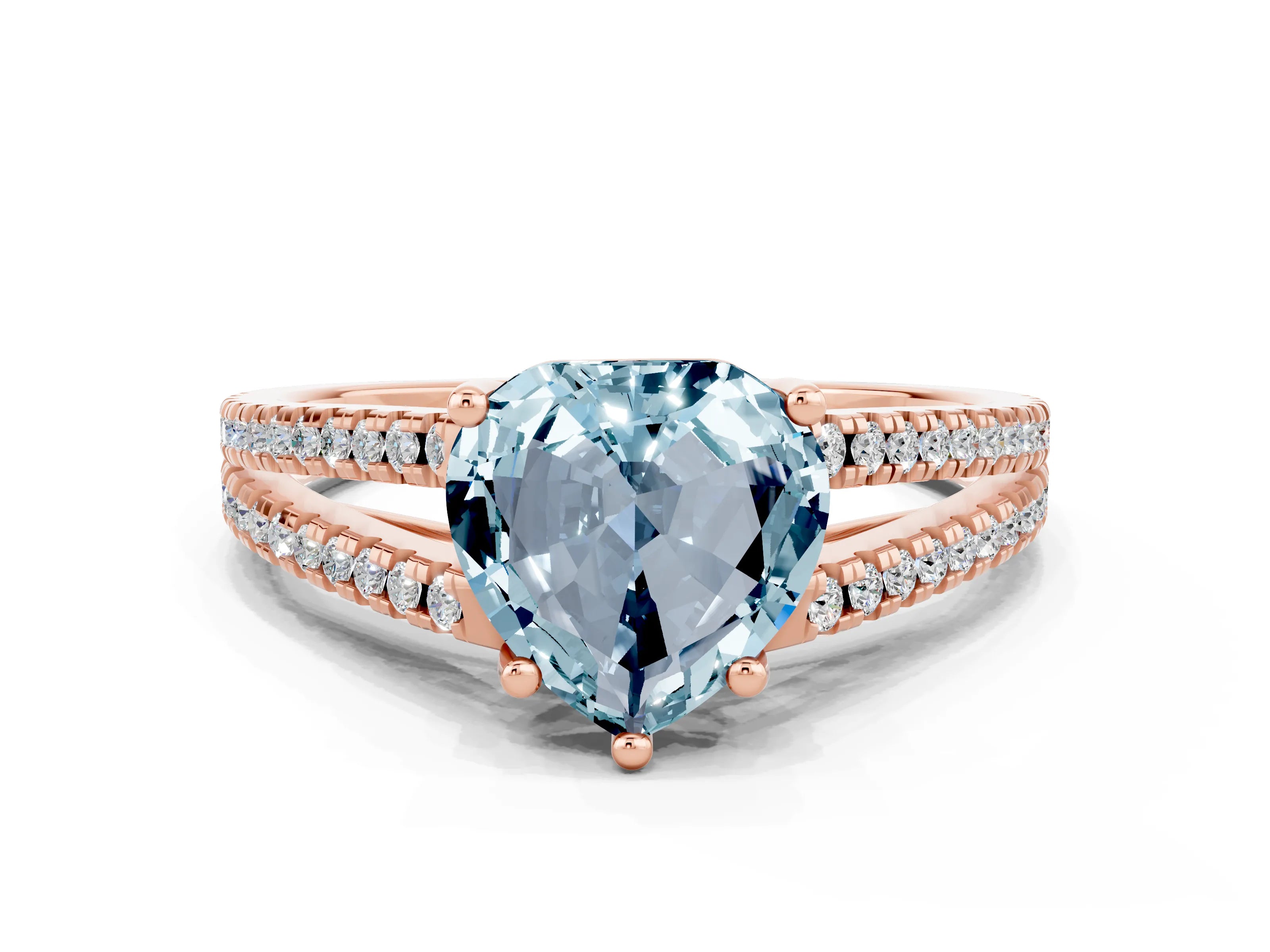 Rose gold Heart Cut Aquamarine Solitaire Engagement Ring with Split Shank Pavé Band
