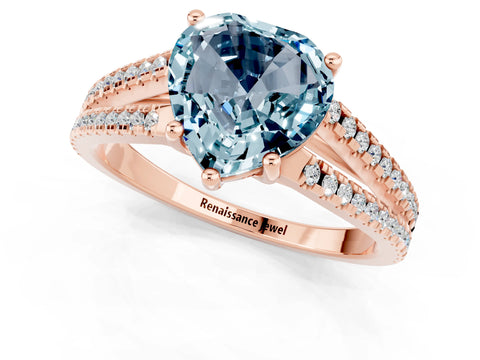 Rose gold Heart Cut Aquamarine Solitaire Engagement Ring with Split Shank Pavé Band_1