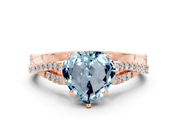 Rose gold Heart Cut Aquamarine Solitaire Engagement Ring with Twisted Pavé Band and Four-Prong Setting