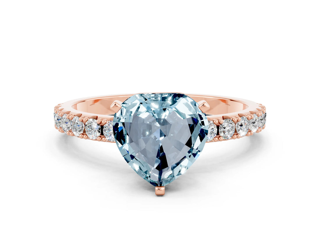 Rose gold Heart Cut Aquamarine Solitaire Pavé Band with Four-Prong Setting