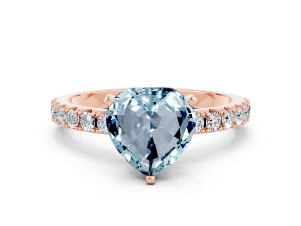 Rose gold Heart Cut Aquamarine Solitaire Pavé Band with Four-Prong Setting