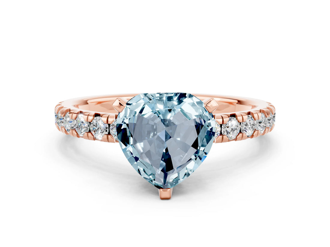 Rose gold Heart Cut Aquamarine Solitaire Pavé Engagement Ring with Round Band and Prong Setting_72