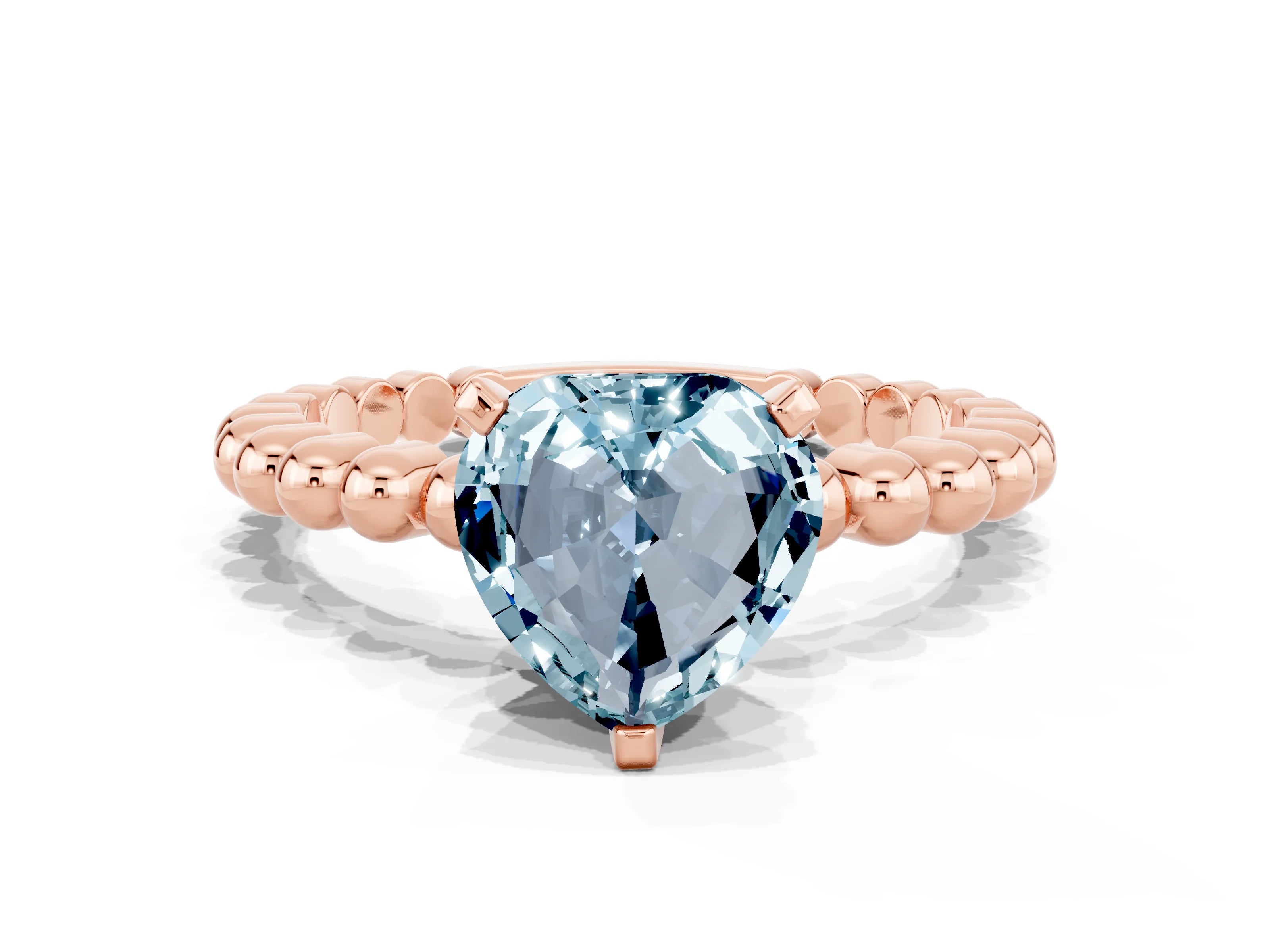 Rose gold Heart Cut Aquamarine Solitaire Ring with Beaded Band and Prong Setting