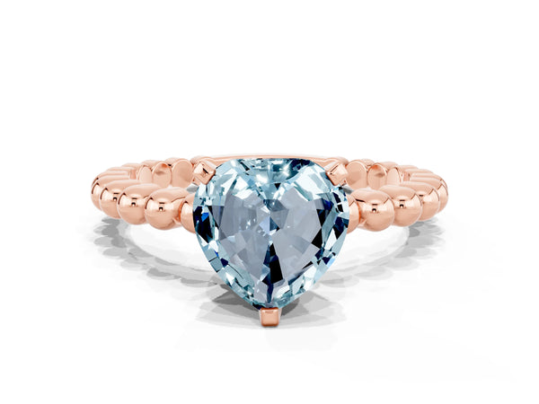 Rose gold Heart Cut Aquamarine Solitaire Ring with Beaded Band and Prong Setting