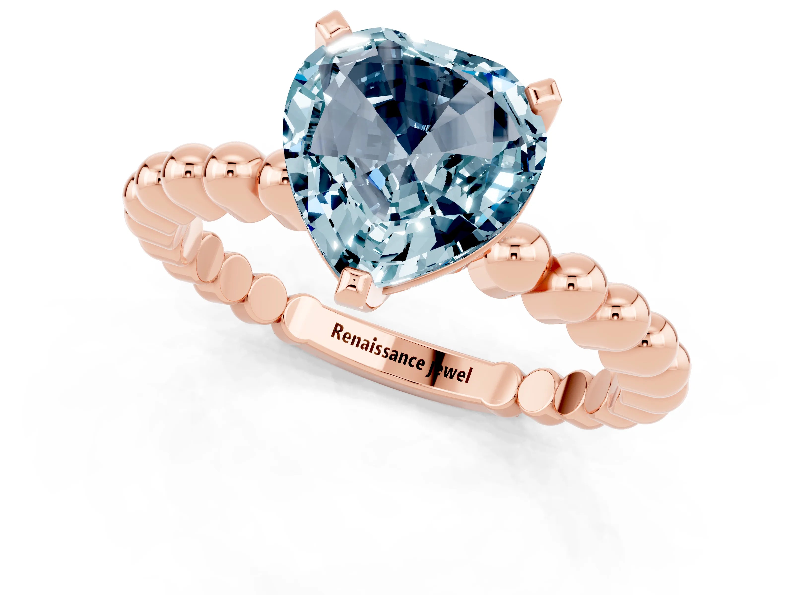 Rose gold Heart Cut Aquamarine Solitaire Ring with Beaded Band and Prong Setting_1