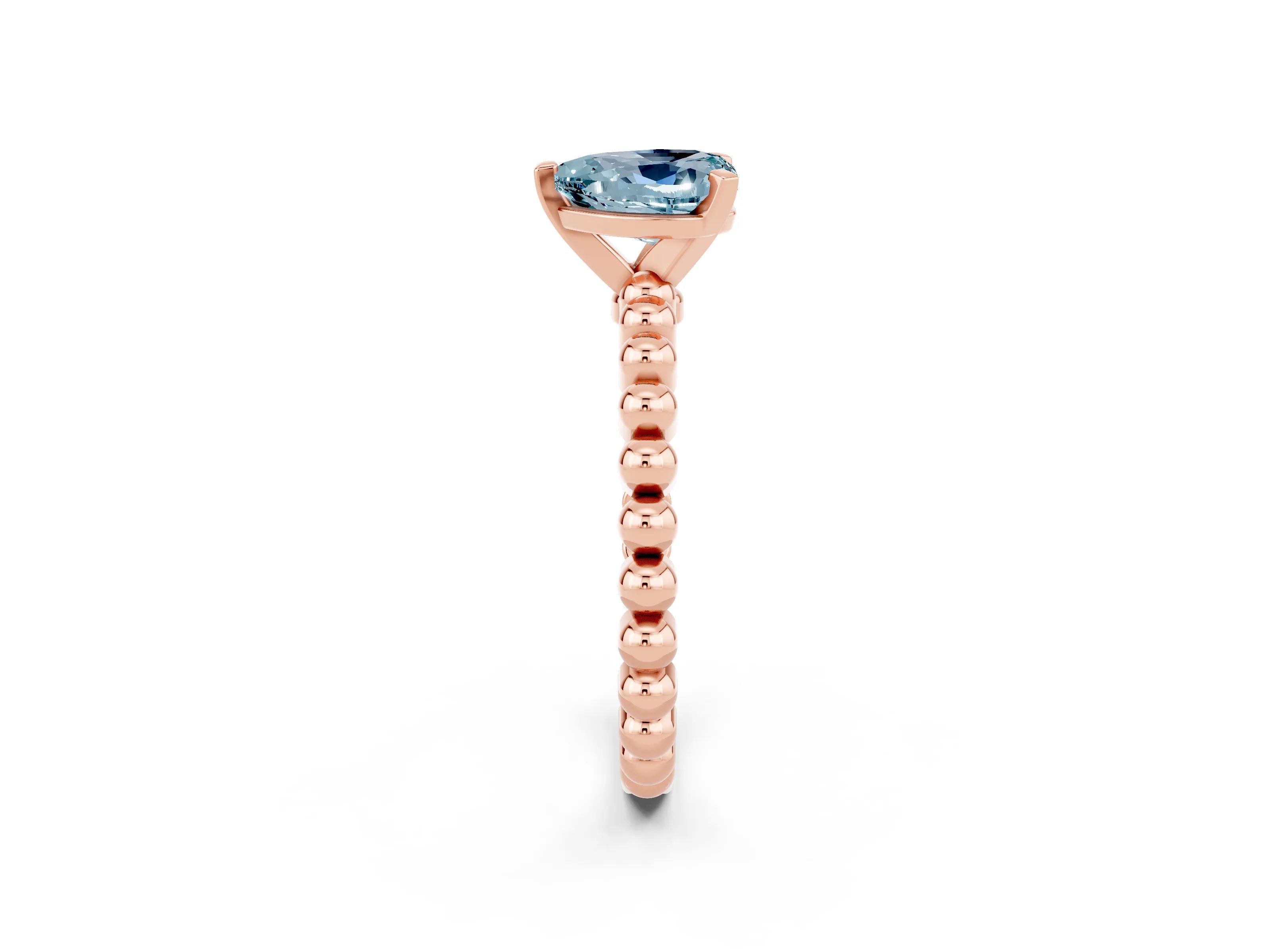 Rose gold Heart Cut Aquamarine Solitaire Ring with Beaded Band and Prong Setting_2