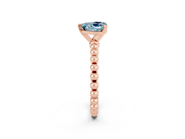 Rose gold Heart Cut Aquamarine Solitaire Ring with Beaded Band and Prong Setting