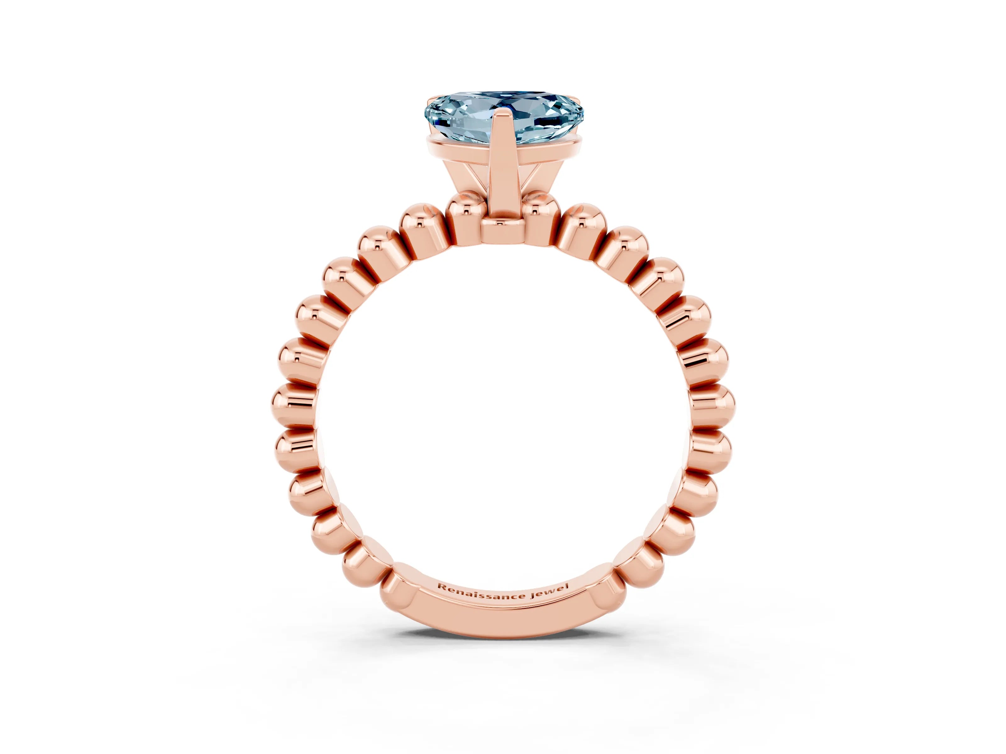 Rose gold Heart Cut Aquamarine Solitaire Ring with Beaded Band and Prong Setting_3
