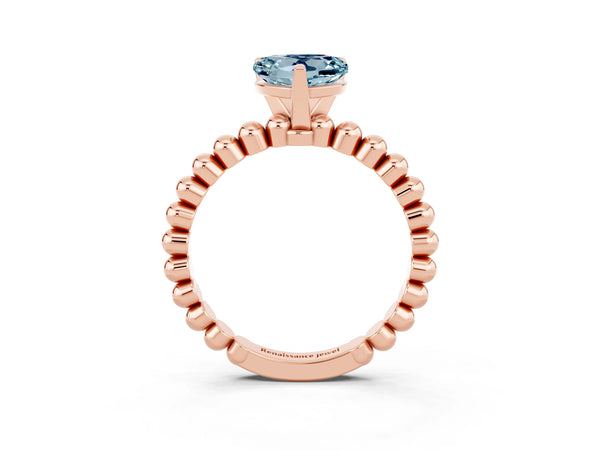 Rose gold Heart Cut Aquamarine Solitaire Ring with Beaded Band and Prong Setting