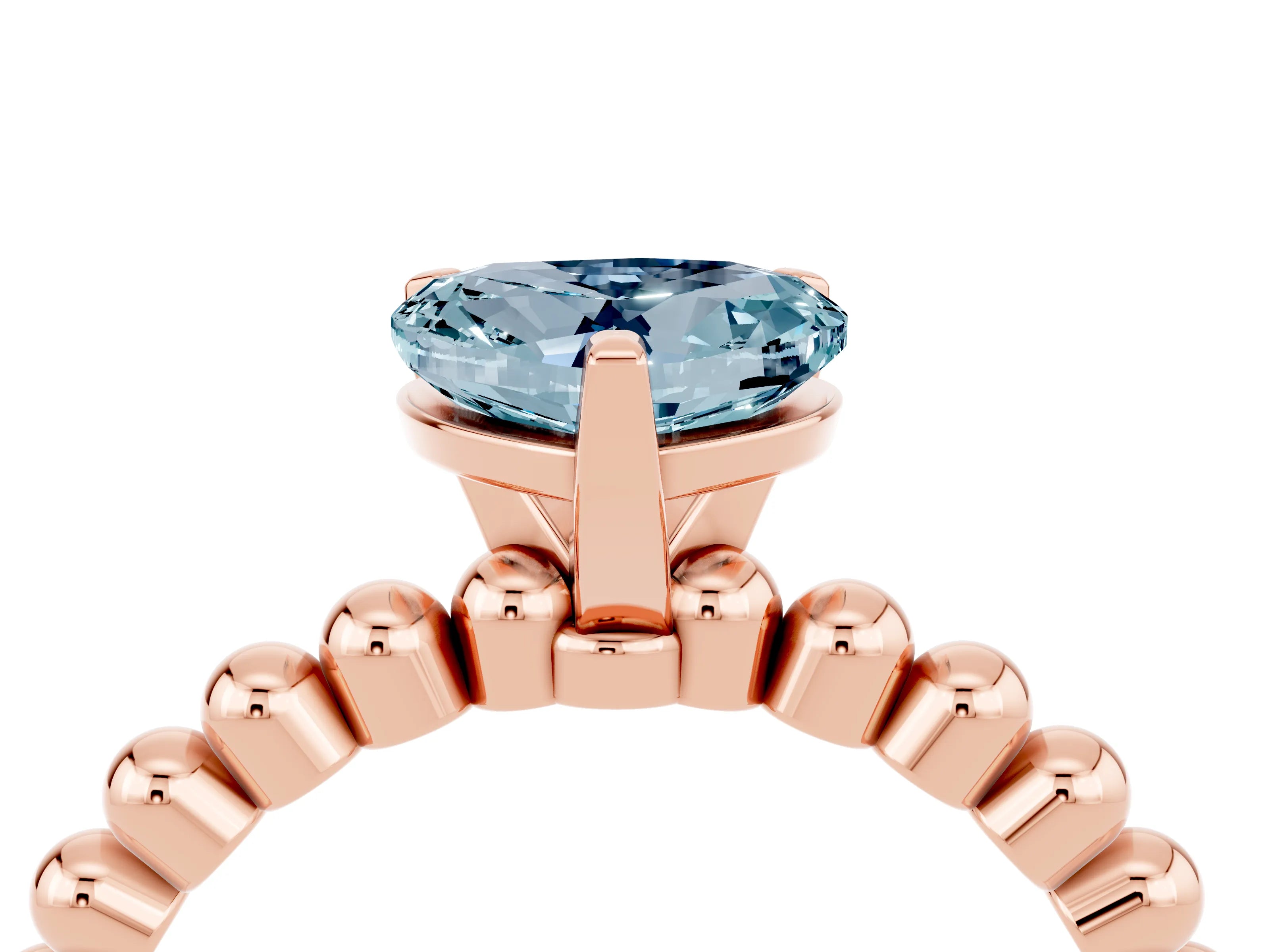 Rose gold Heart Cut Aquamarine Solitaire Ring with Beaded Band and Prong Setting_4