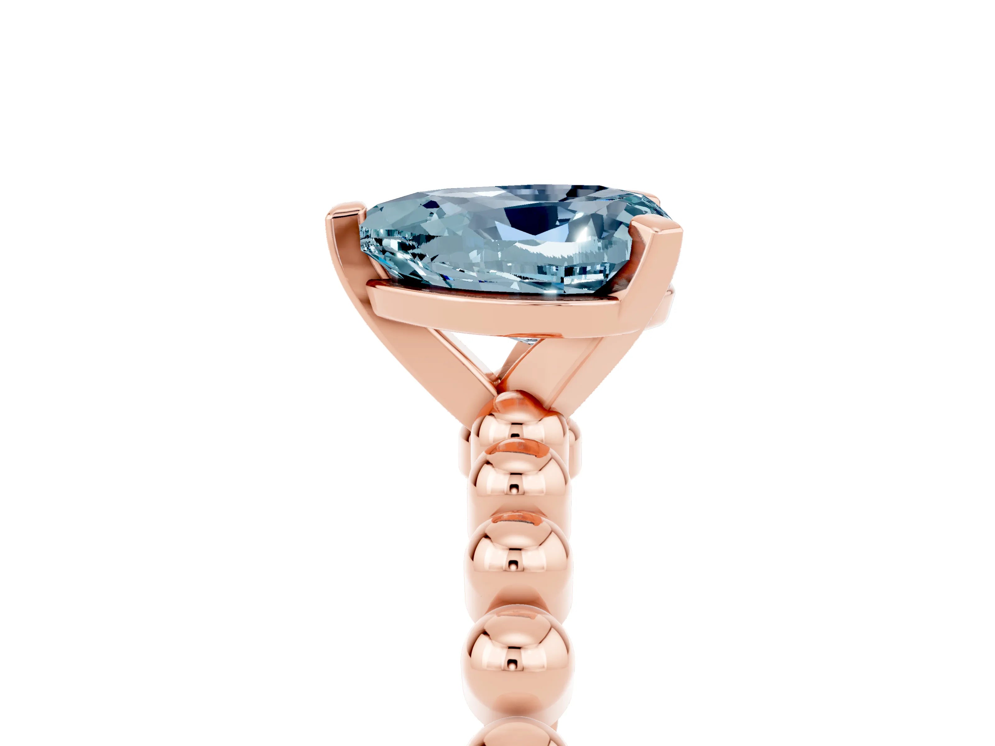 Rose gold Heart Cut Aquamarine Solitaire Ring with Beaded Band and Prong Setting_5