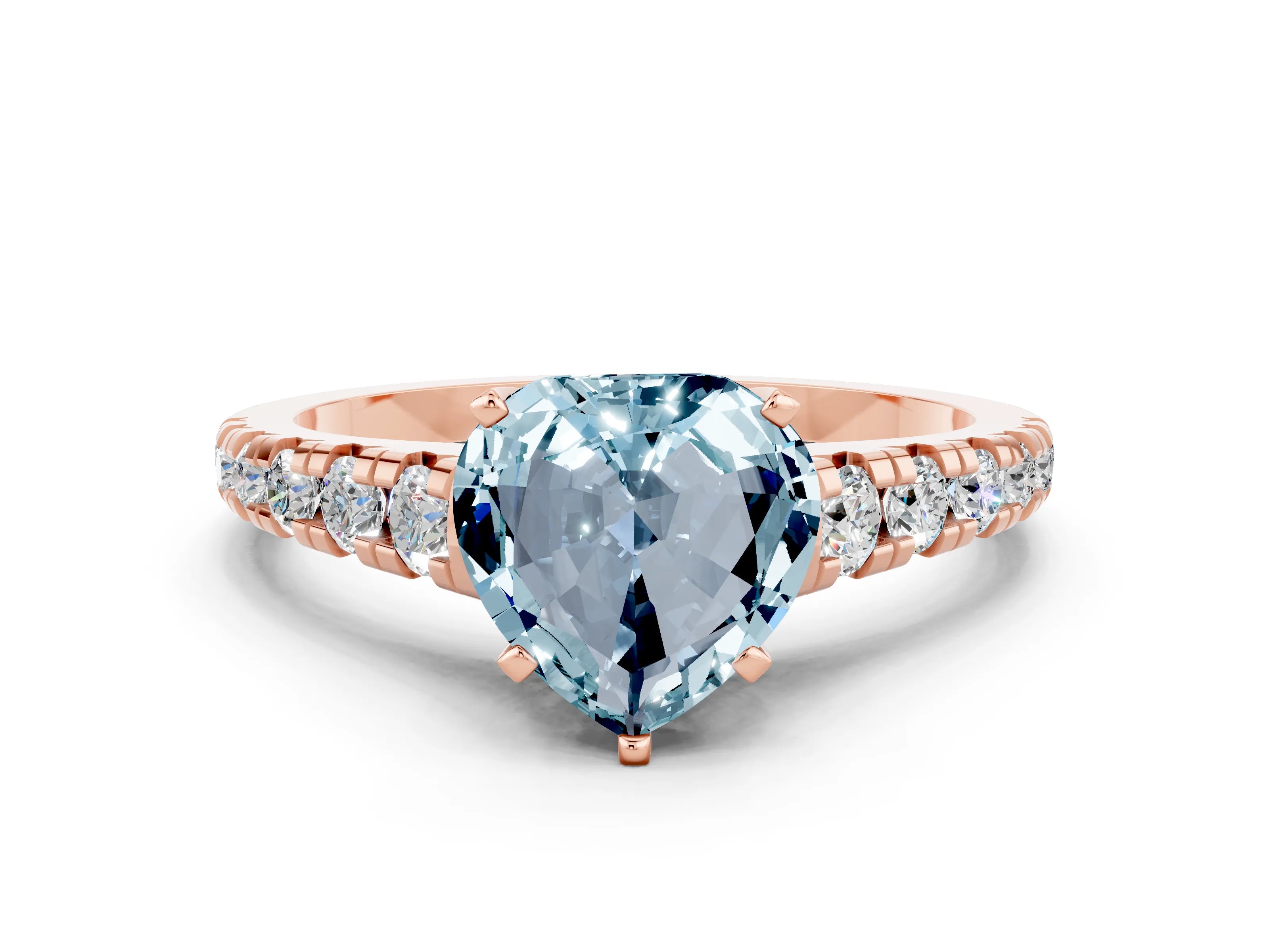 Rose gold Heart Cut Aquamarine Solitaire Ring with Cathedral Setting and Pavé Band