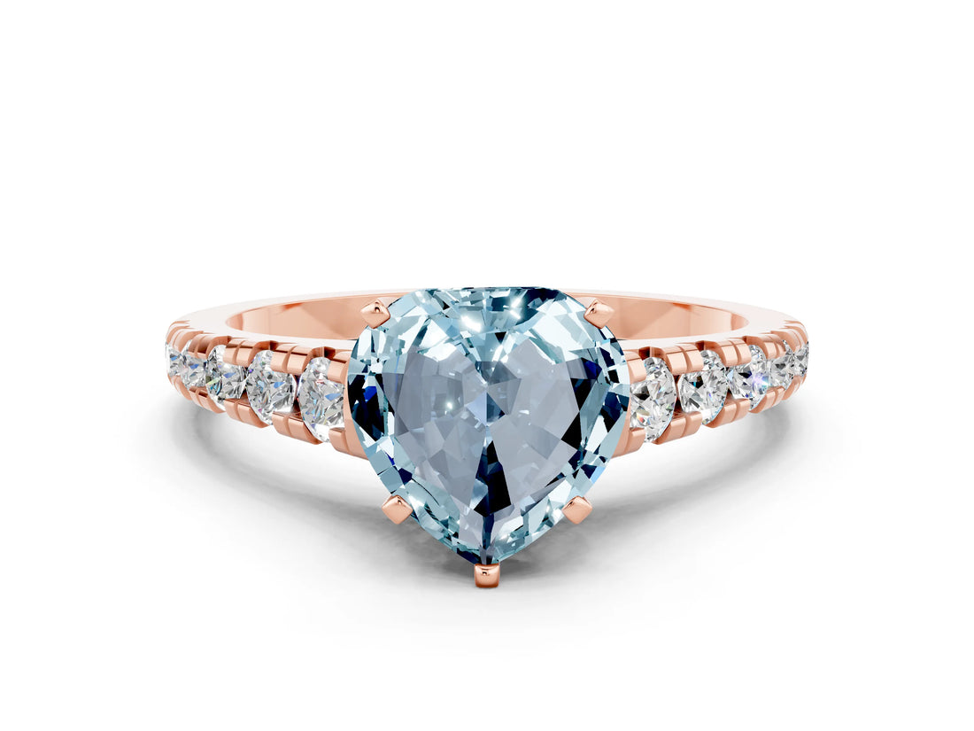 Rose gold Heart Cut Aquamarine Solitaire Ring with Cathedral Setting and Pavé Band