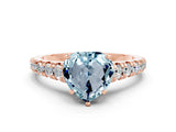 Rose gold Heart Cut Aquamarine Solitaire Ring with Cathedral Setting and Pavé Band