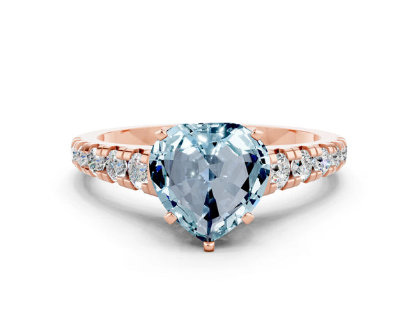 Rose gold Heart Cut Aquamarine Cathedral Solitaire Ring with Round  Pavé Band