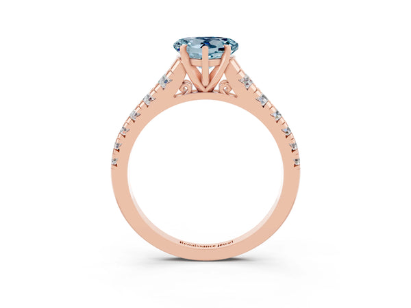 Rose gold Heart Cut Aquamarine Cathedral Solitaire Ring with Round  Pavé Band