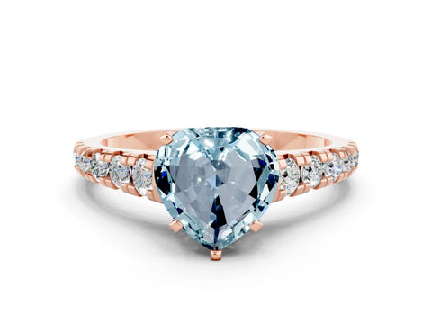 Rose gold Heart Cut Aquamarine Solitaire Ring with Cathedral Setting and Pavé Band