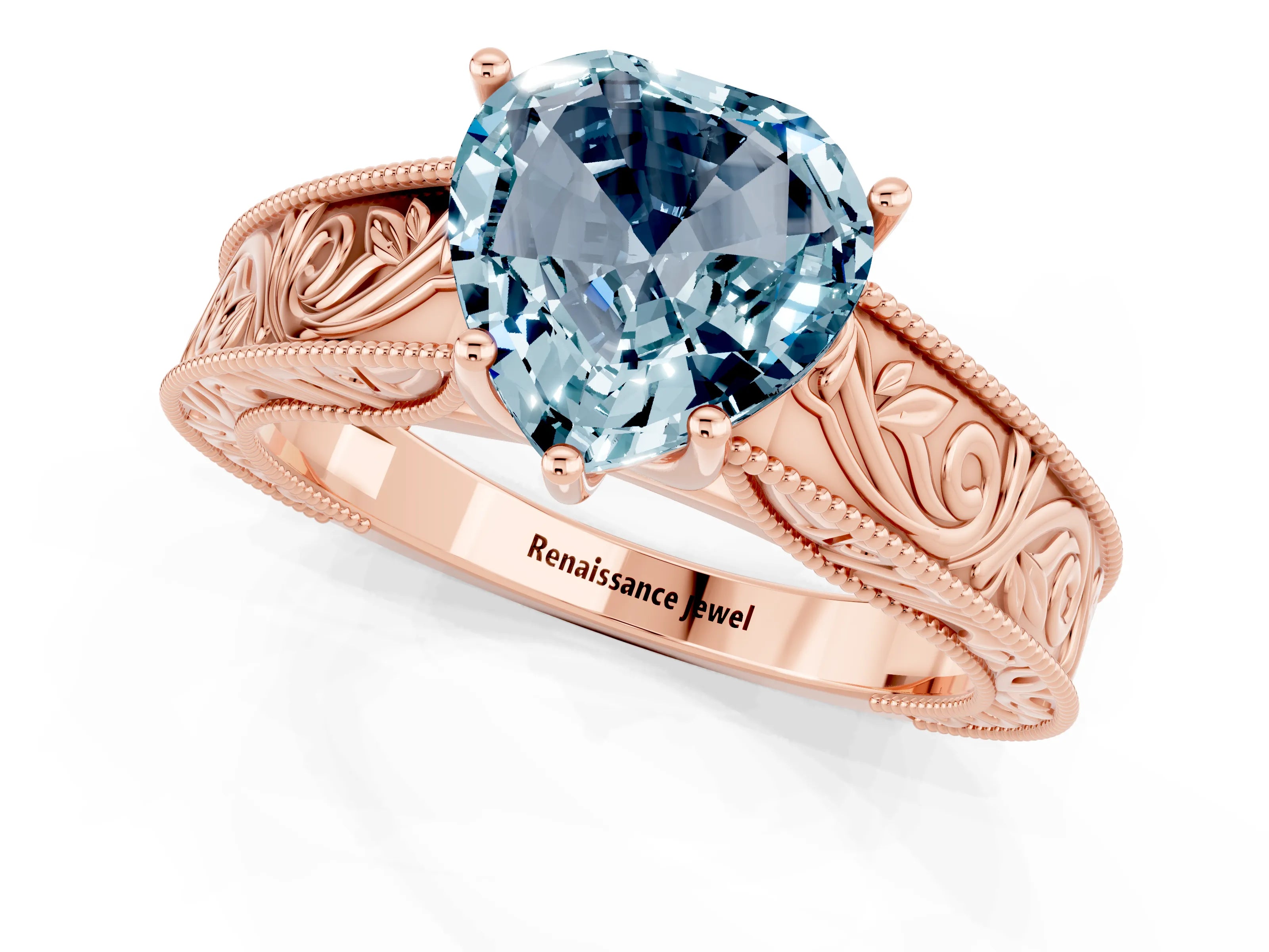 Rose gold Heart Cut Aquamarine Solitaire Ring with Engraved Band and Four-Prong Setting_1