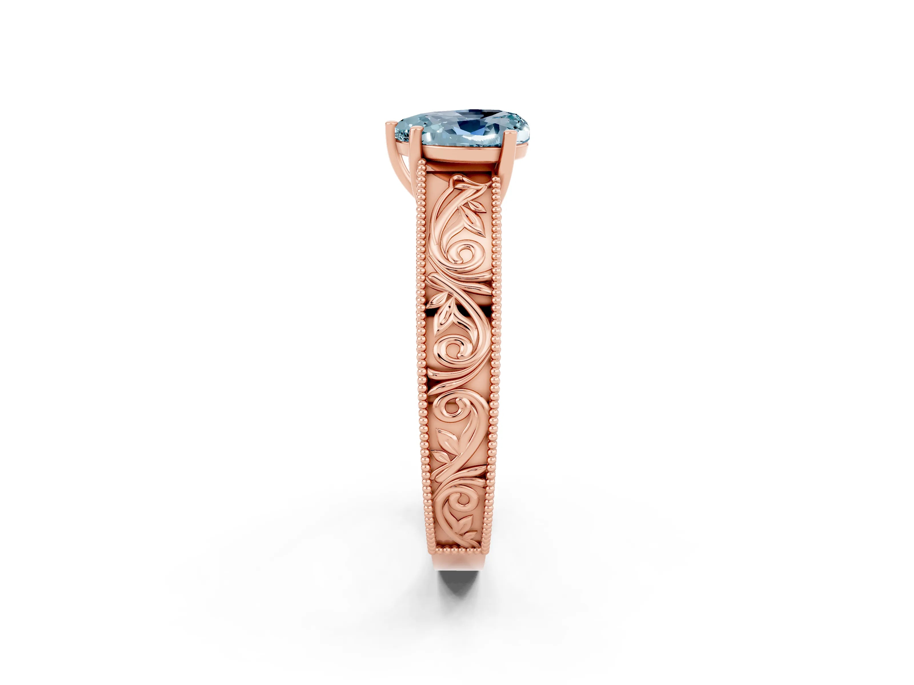 Rose gold Heart Cut Aquamarine Solitaire Ring with Engraved Band and Four-Prong Setting_2